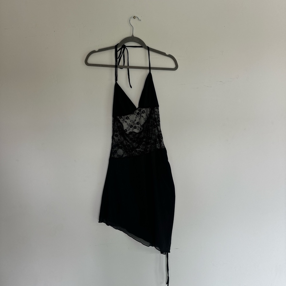 White Fox Boutique Black Asymmetrical Tie Front Midi Dress